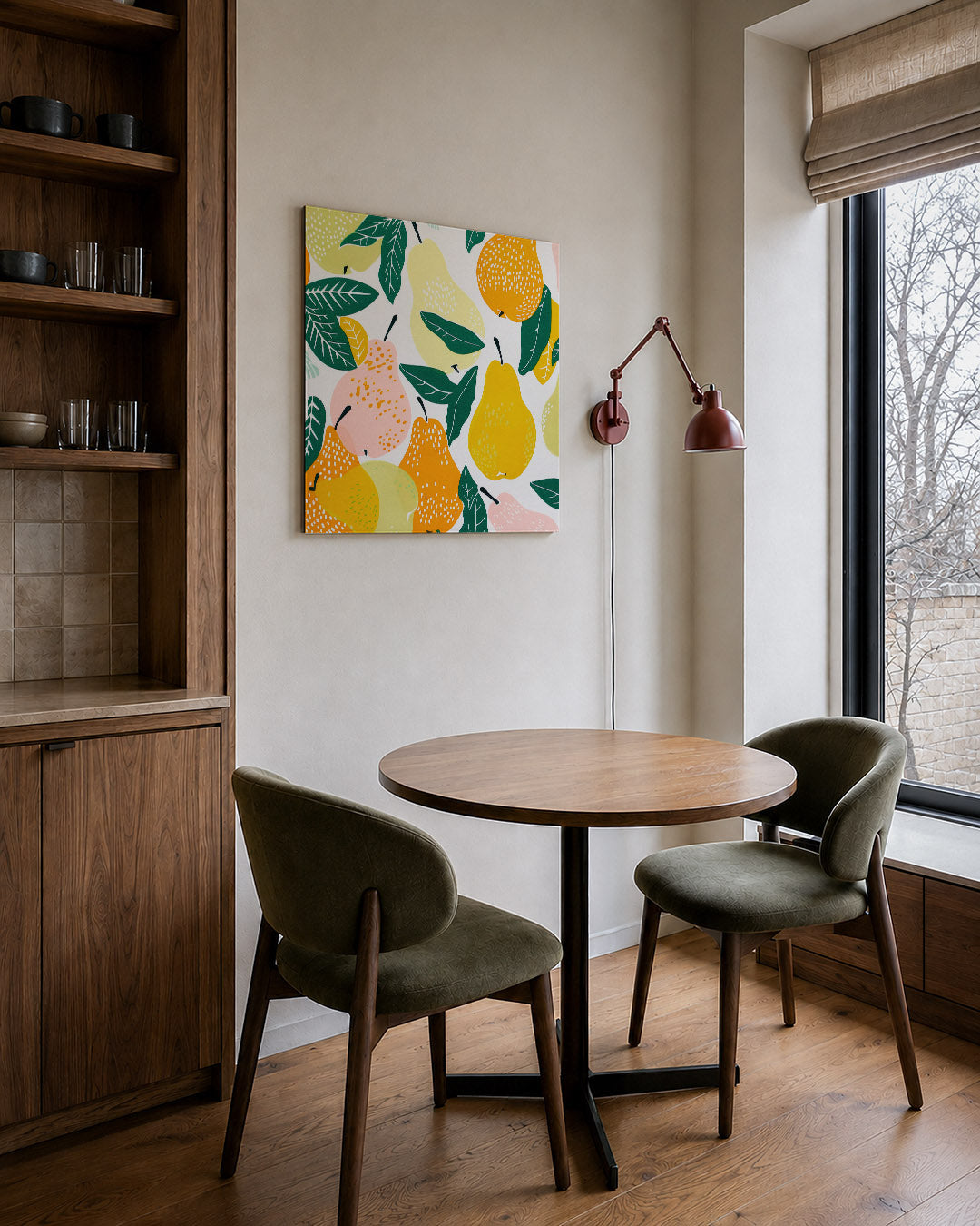 Fruit en bladeren kunstwerk – derde productweergave – dit werk toont een levendige compositie van peren en bladeren in