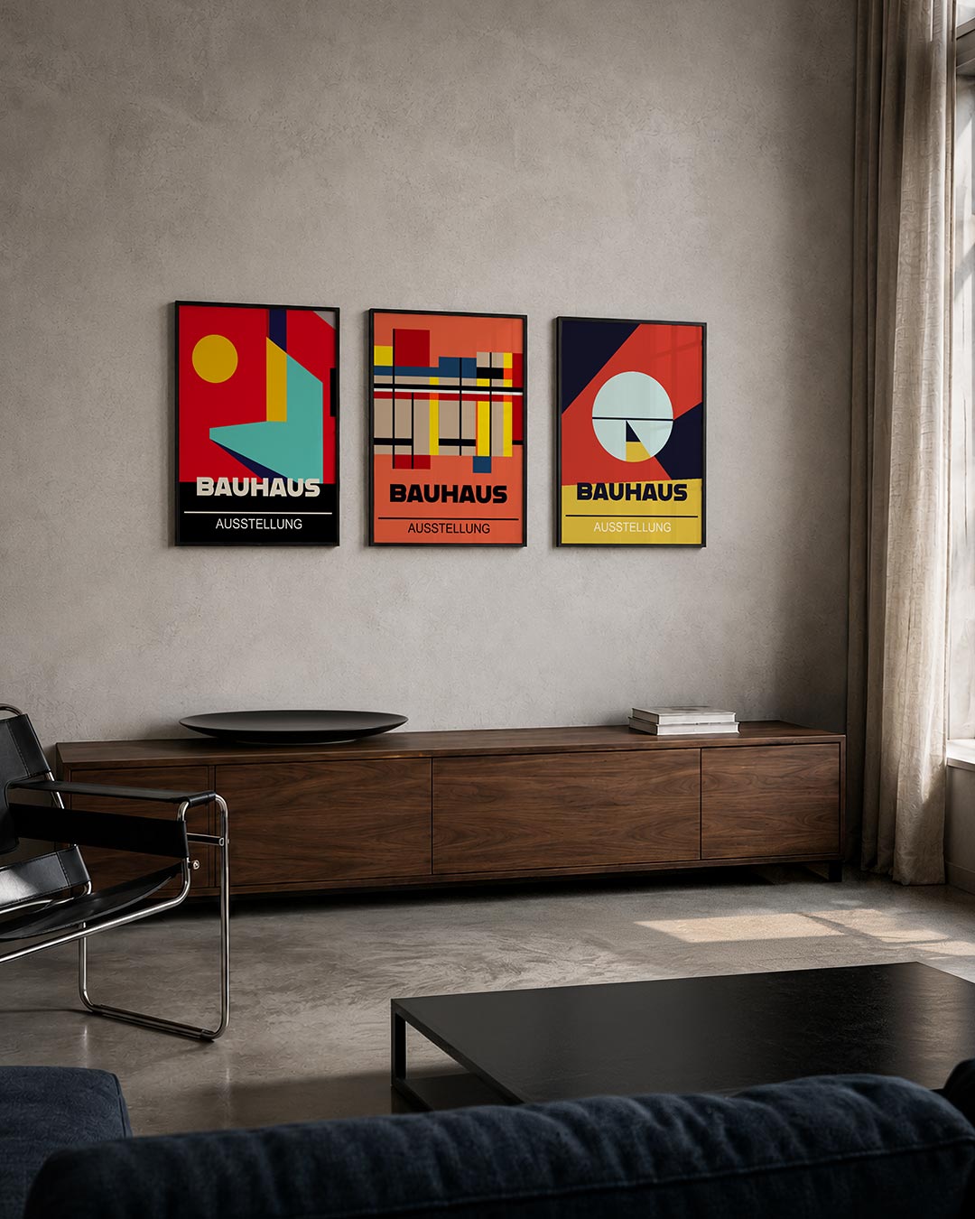 Kleurrijke vlakverdeling posterset – tweede productweergave – deze posterset in drie delen toont een levendig spel van vormen