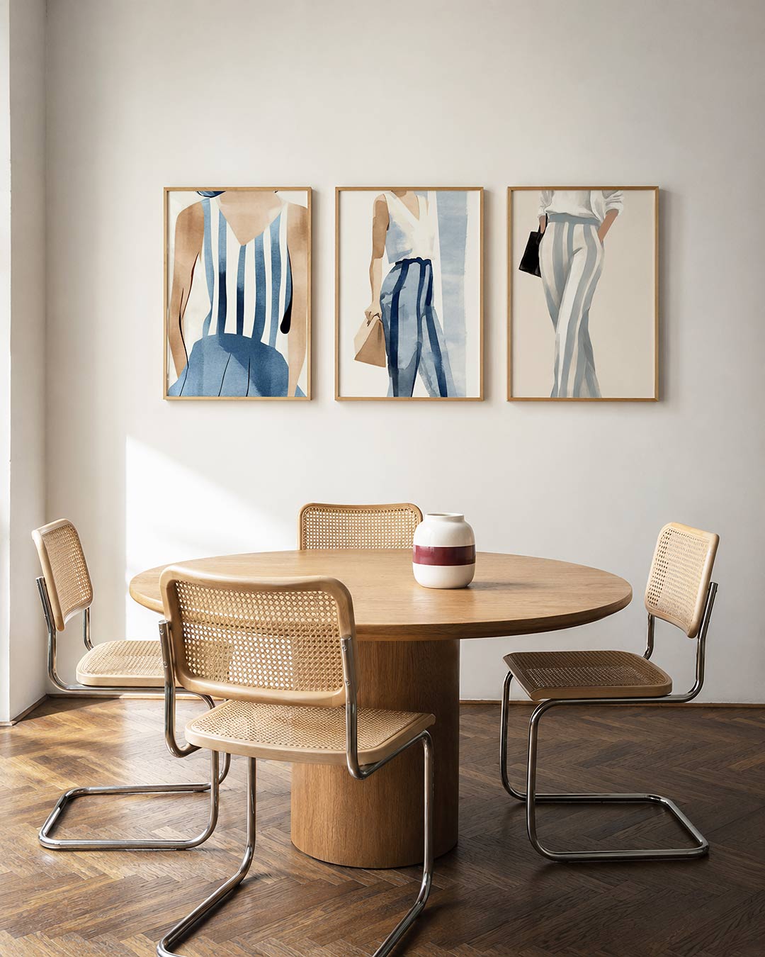 Gestreepte harmonie driedelige posterset in interieur