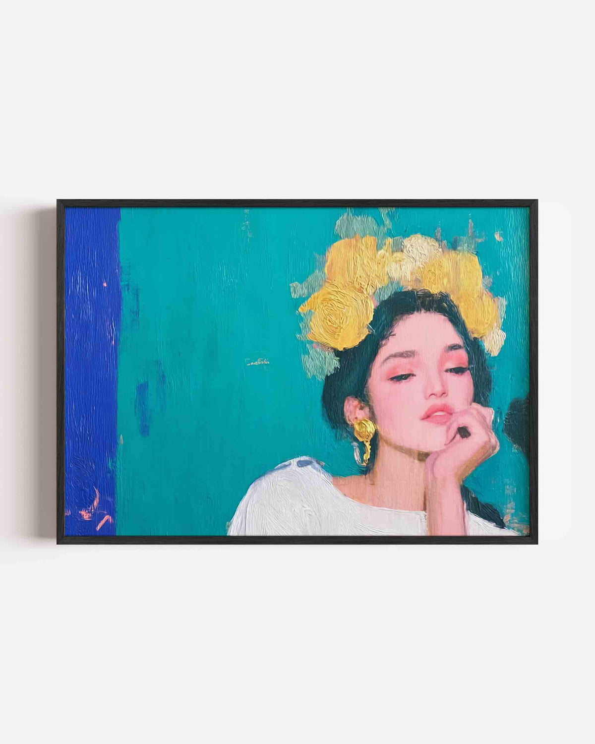 Vrouw met gele bloemen – vrouwelijk portret als landscape poster