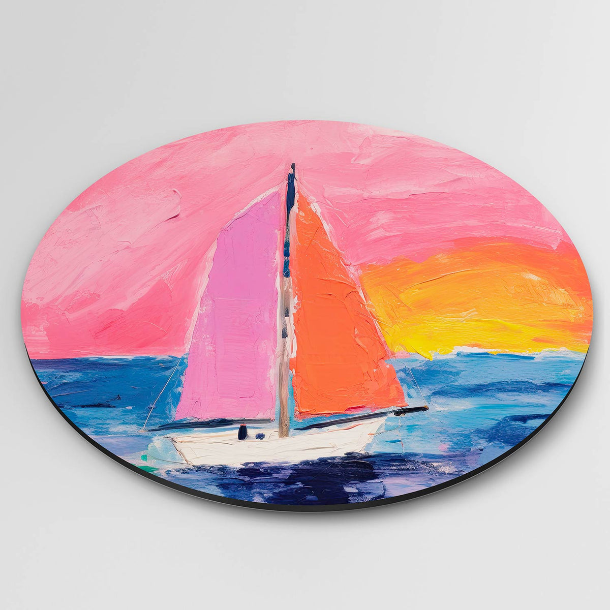 Zeilboot bij zonsondergang Muurcirkel – detailweergave – Een zeilboot met roze en oranje zeilen vaart op een blauwe zee onder