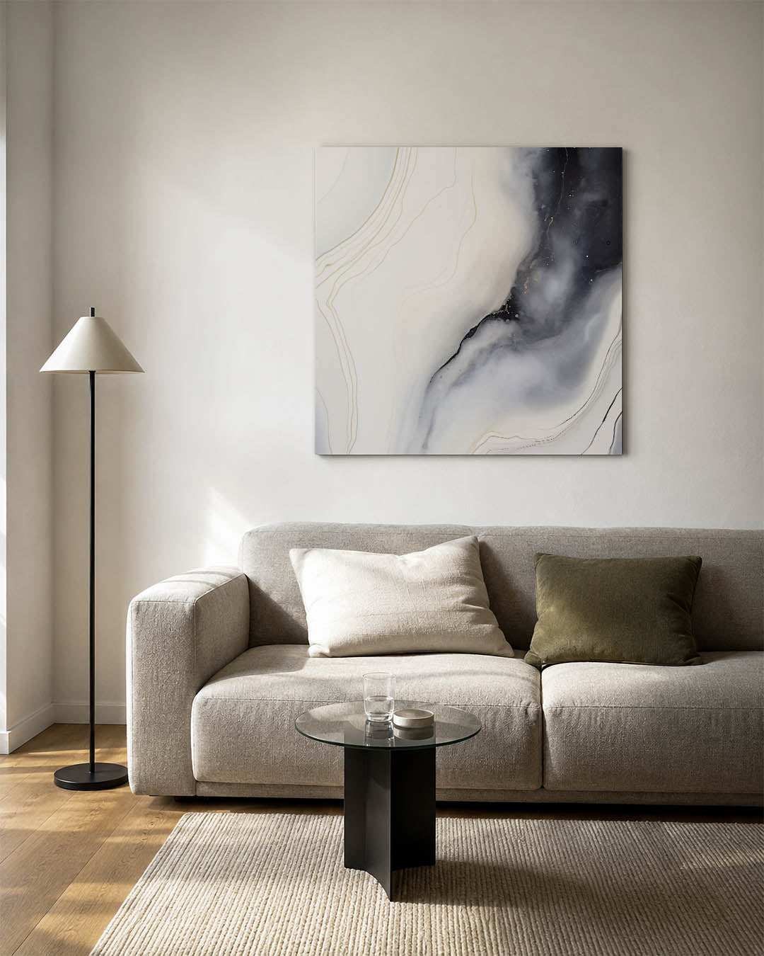 Organische lijnen kunstwerk – vierkante wanddecoratie – dit werk toont vloeiende lijnen en zachte overgangen tussen zwart