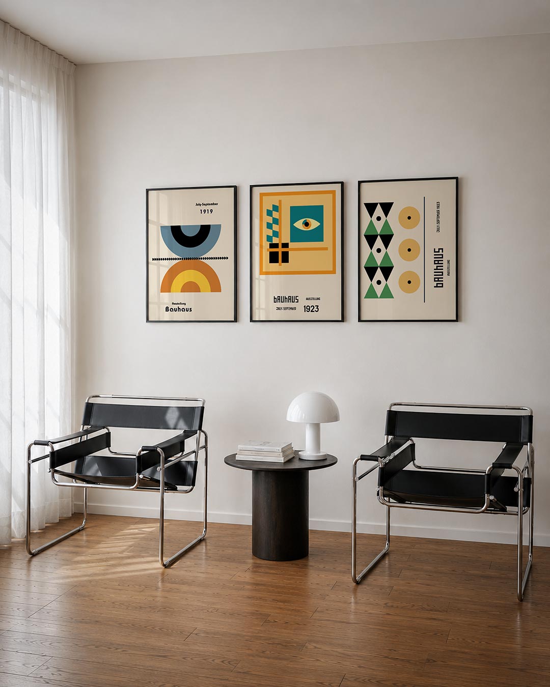 Vorm en kleurenspel posterset – derde productweergave – deze posterset in drie delen toont halve cirkels in blauw en oranje