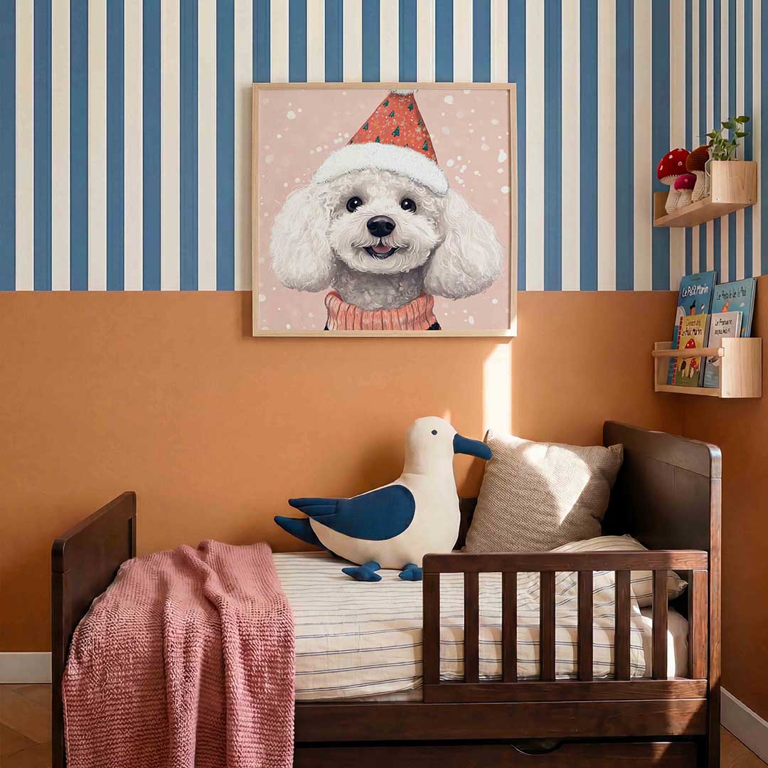 Hond met feestmuts – kids poster in vierkant formaat
