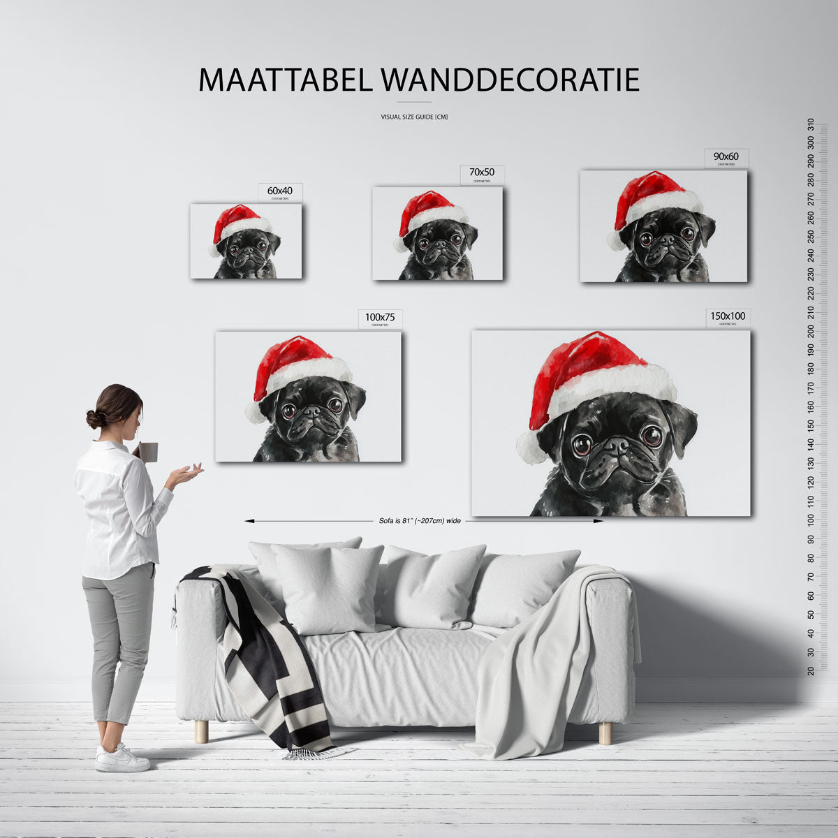 Hond met kerstmuts – moderne liggende wanddecoratie