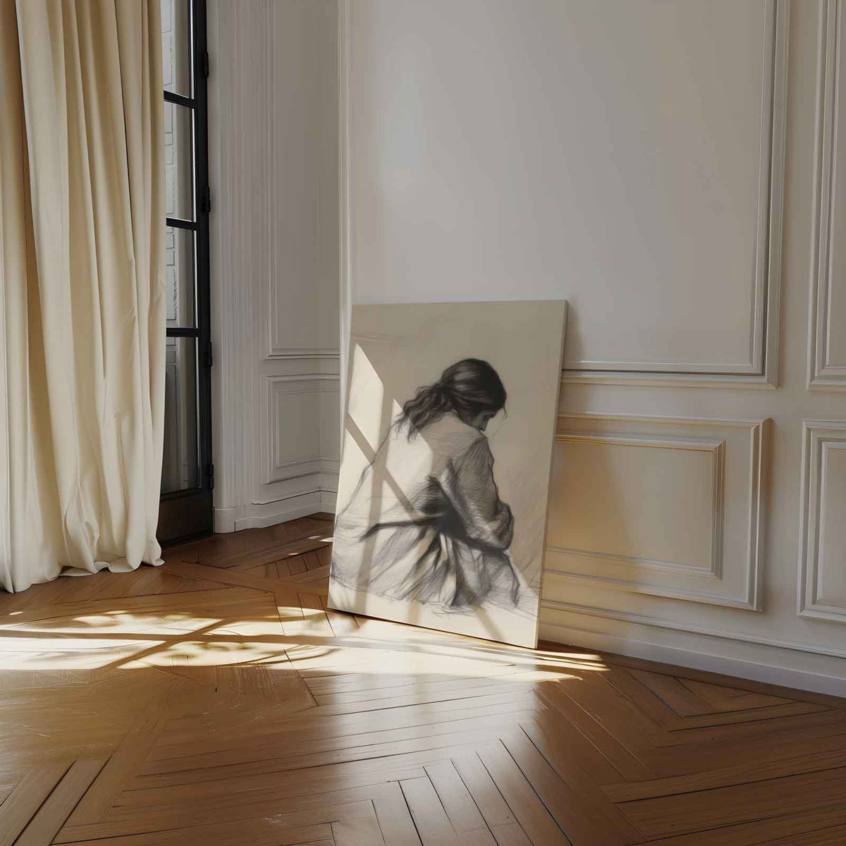 Intiem Moment in Potlood – staand kunstwerk voor modern interieur