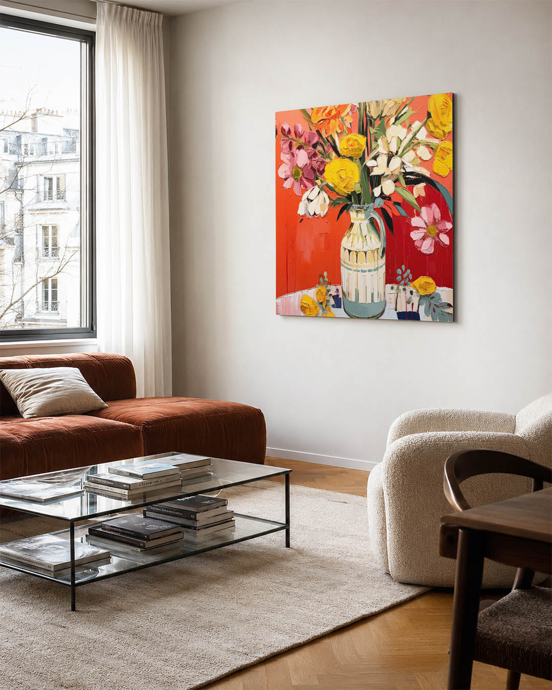 Bloemrijke kleurenexplosie kunstwerk – vierkante wanddecoratie – dit kunstwerk toont een levendig boeket bloemen in een vaas