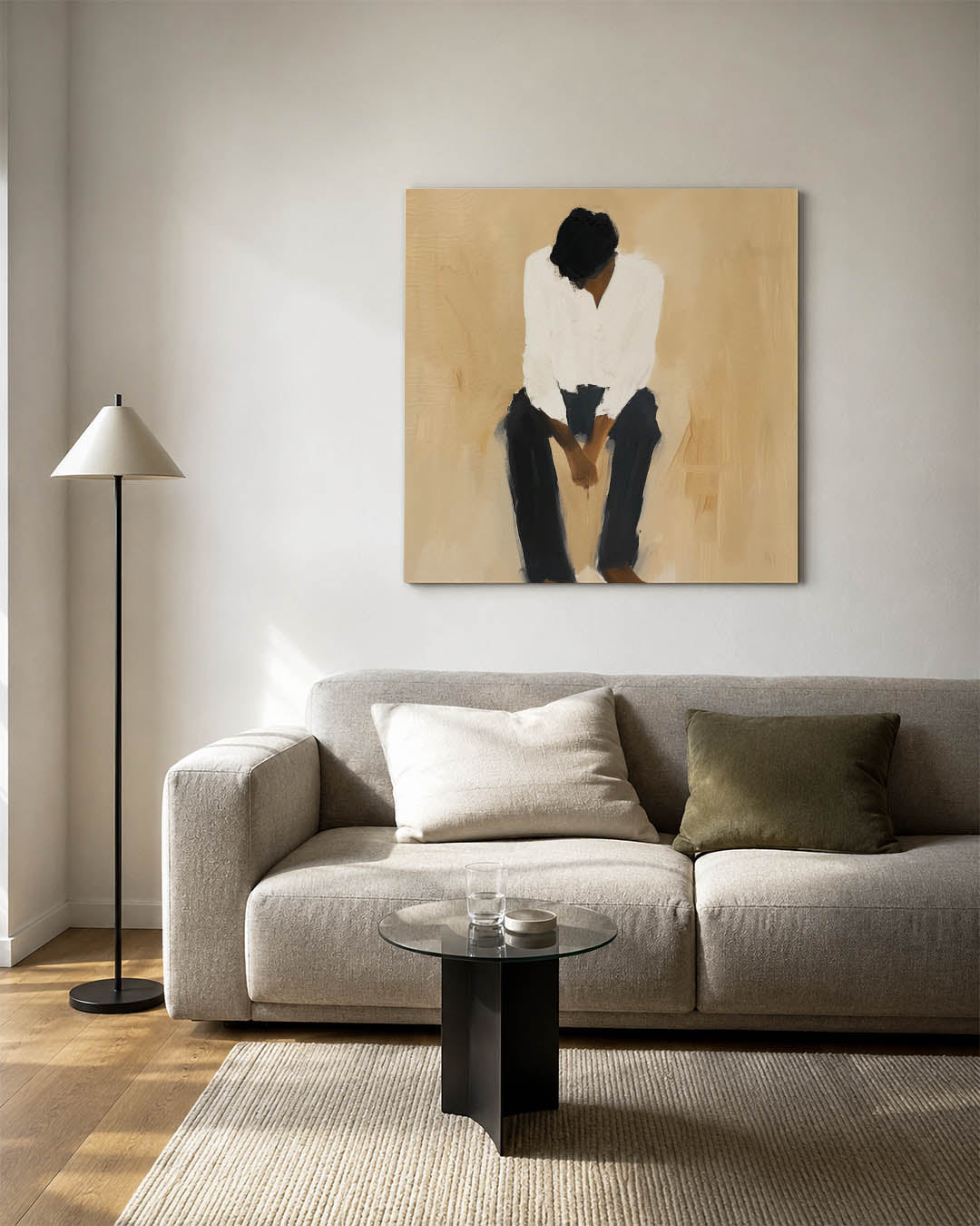 Zittende figuur kunstwerk – vierkante wanddecoratie – dit kunstwerk toont een zittende figuur in een rustige pose. De zachte