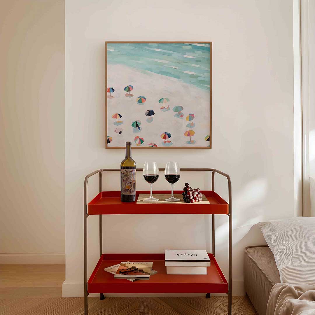 Strand met parasols – vierkante keuken wanddecoratie van WallArtistic