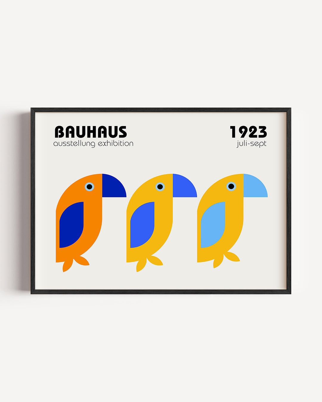 Vogels en kleurvlakken – liggende Bauhaus poster als wanddecoratie