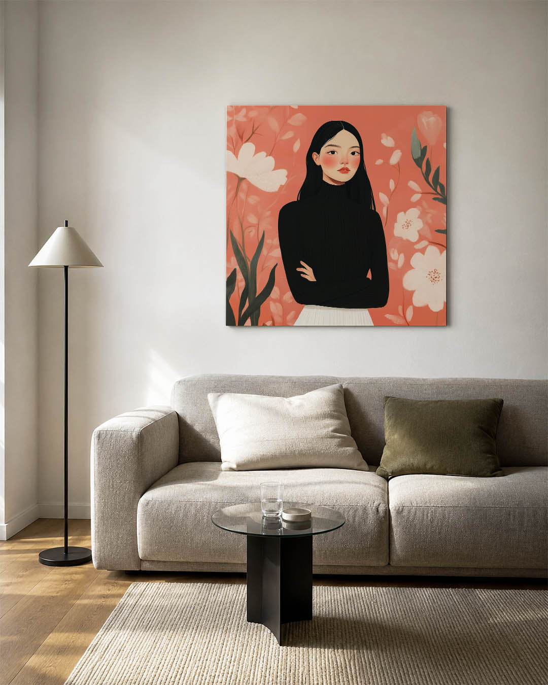 Vrouwelijk portret bloemen kunstwerk – detailweergave – dit kunstwerk toont een vrouw in een zwarte trui tegen een oranje