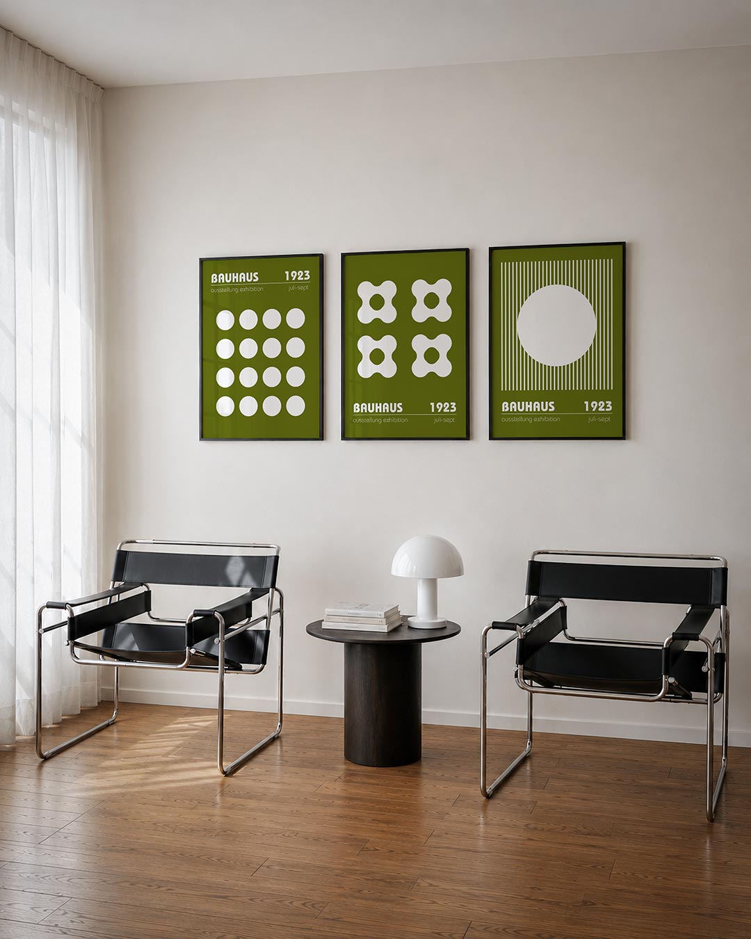 Cirkelritme driedelige posterset – deze poster toont een raster van witte cirkels op een olijfgroene achtergrond. De strakke