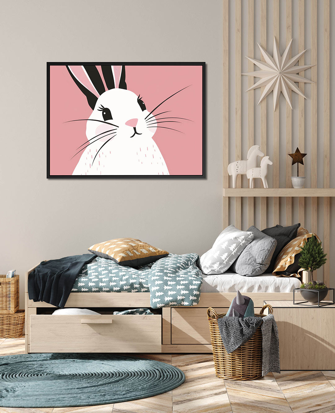 Speelse konijn illustratie – Kinder kunstwerk – wanddecoratie in interieur
