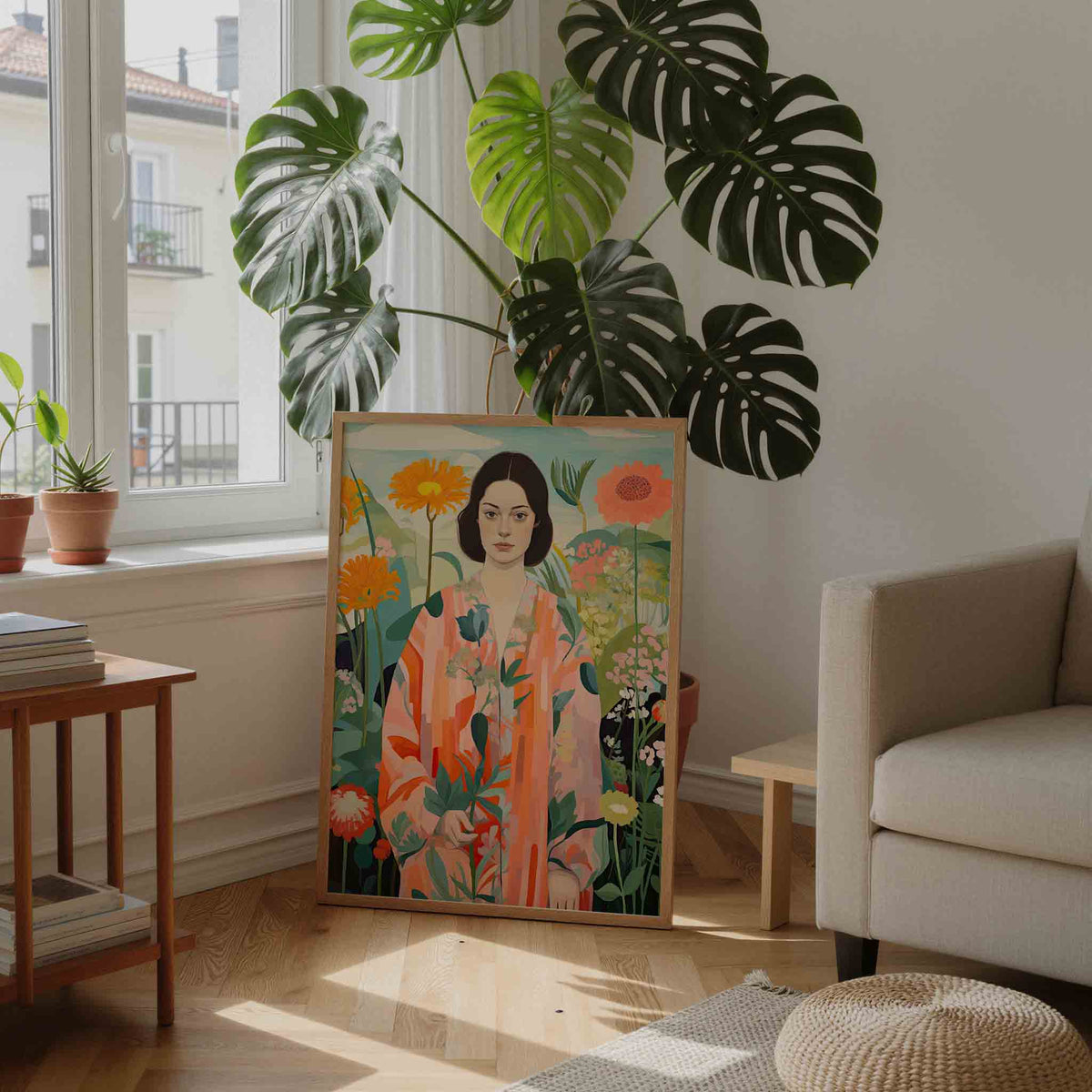 Vrouw met bloemen – staande botanische wanddecoratie van WallArtistic