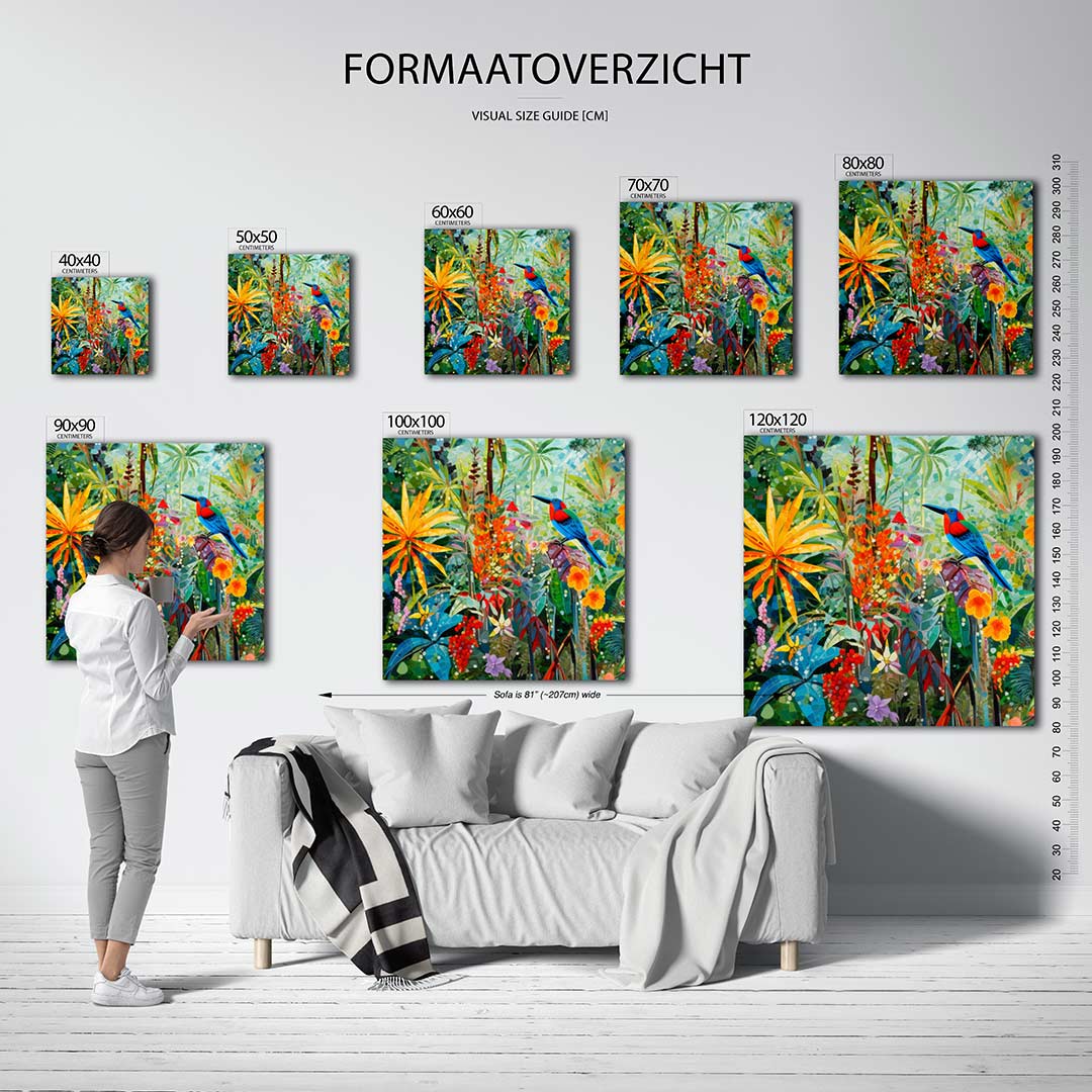 Vrolijke jungle scène kunstwerk – dit kunstwerk toont een kleurrijke jungle met een levendige vogel en diverse bloemen. De