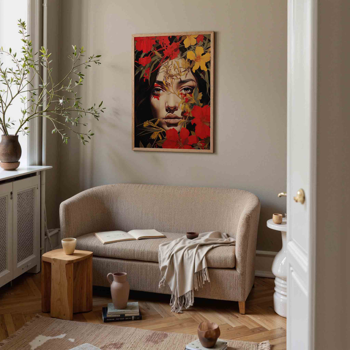 Bloemen en gezicht – botanische poster in staand formaat