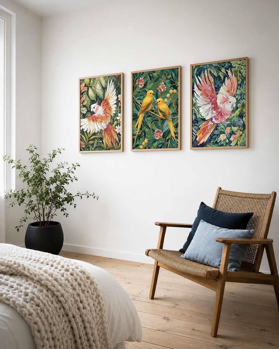 Vleugels en bladeren posterset – derde productweergave – een kleurrijke vogel met roze en oranje veren vliegt tussen