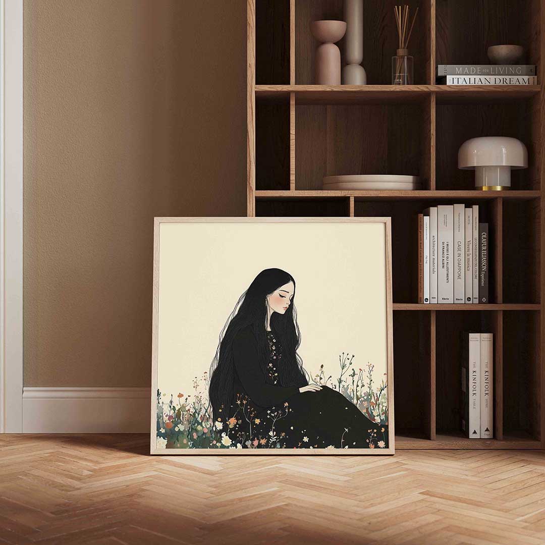 Zittende vrouw in bloemenveld – moderne poster in vierkant formaat
