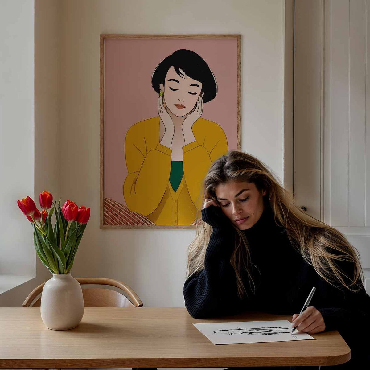 Dromerige Dame in Okergeel – Popart poster als moderne urban wanddecoratie