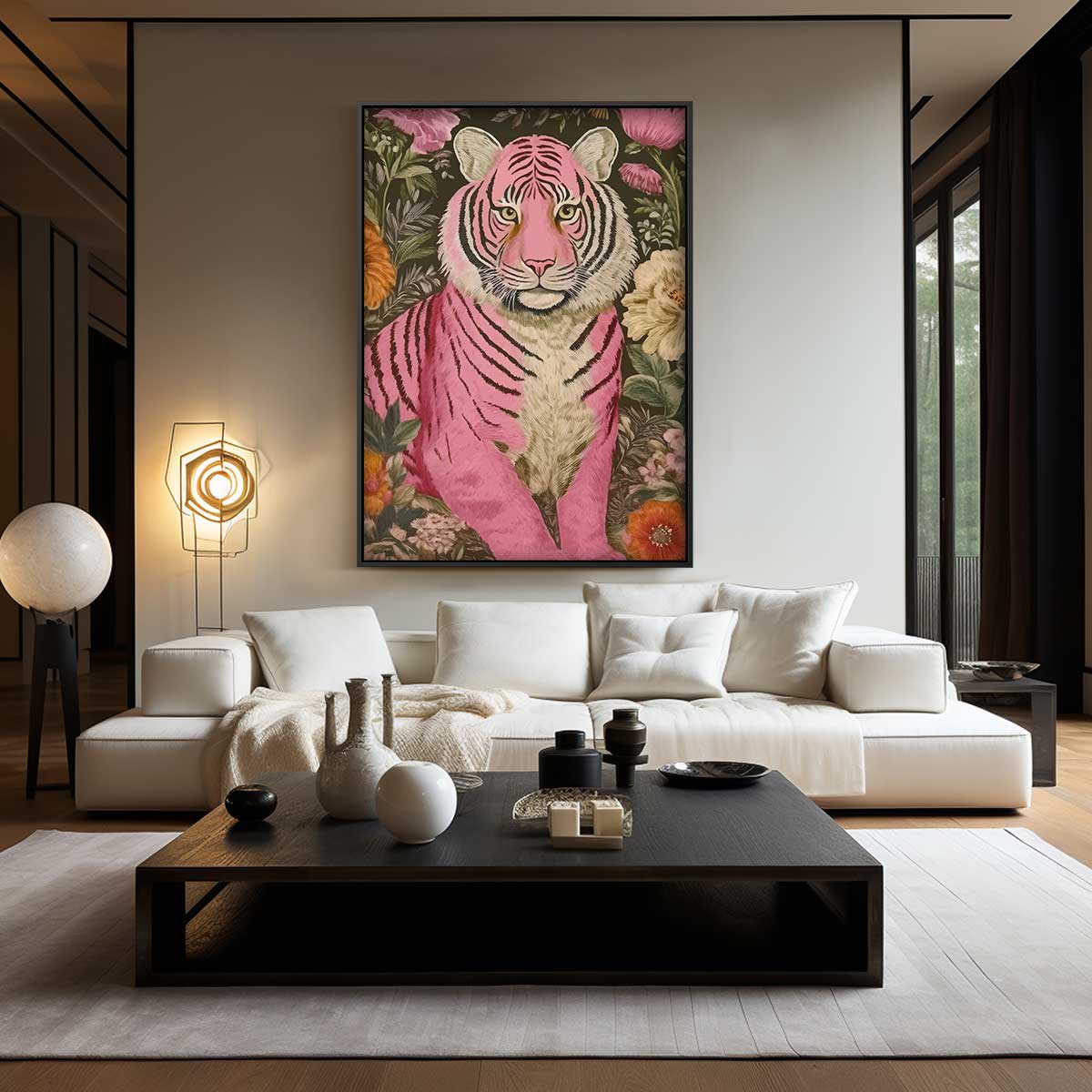 Kleurrijke Tijger in Bloementuin – kunstwerk met zwarte baklijst