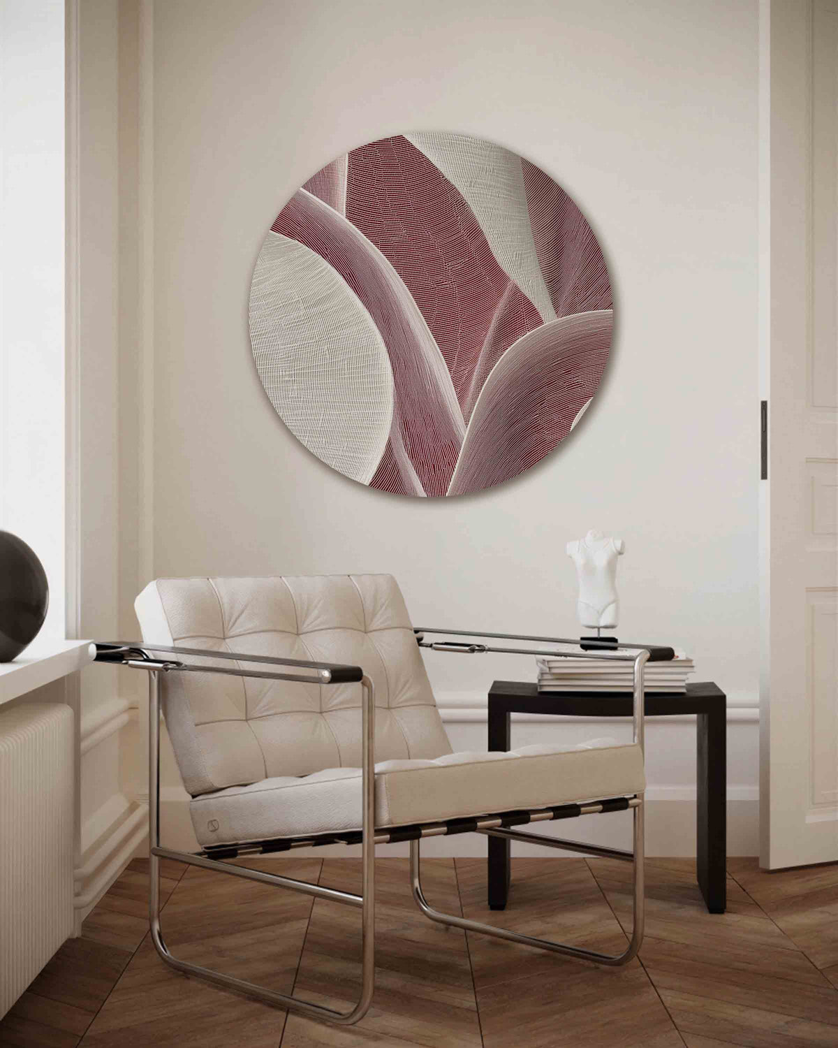 Golvende lijnen – abstracte muurcirkel als ronde wanddecoratie