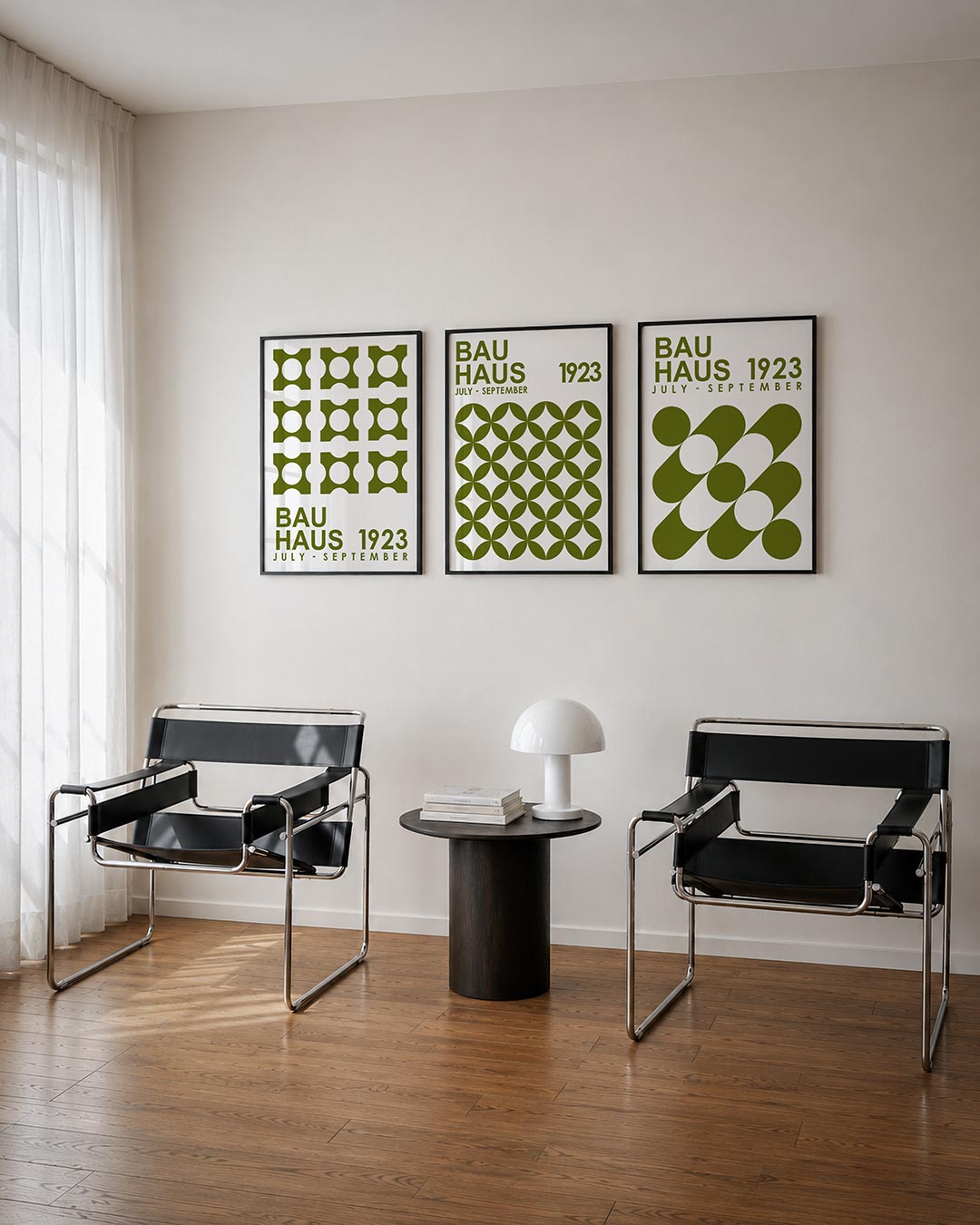 Vorm en ritme driedelige posterset – deze posterset in drie delen toont een ritmisch patroon van olijfgroene vormen met
