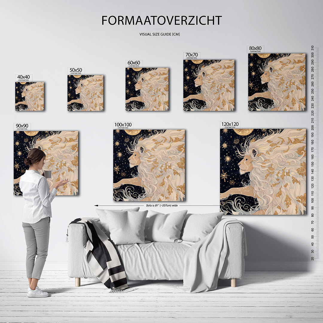 Leeuw met sterren kunstwerk – sfeerbeeld – dit kunstwerk toont een majestueuze leeuw met een weelderige manen, omringd door