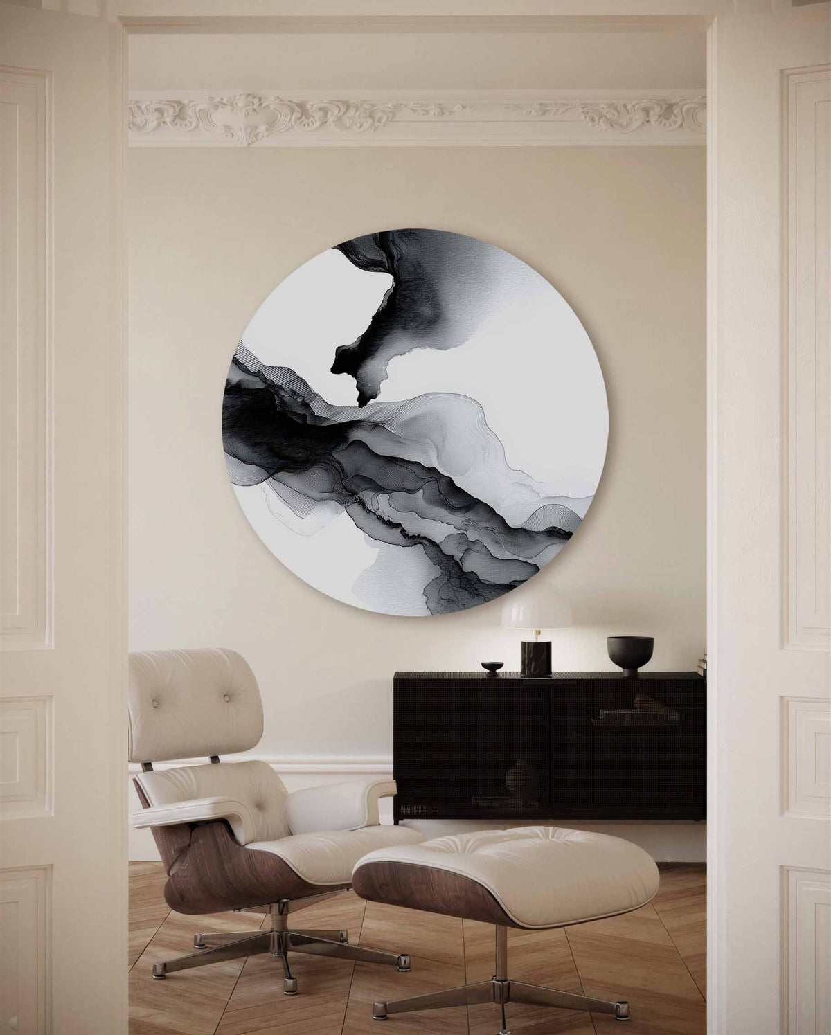 Abstracte lijnen – portret muurcirkel als ronde muurdecoratie