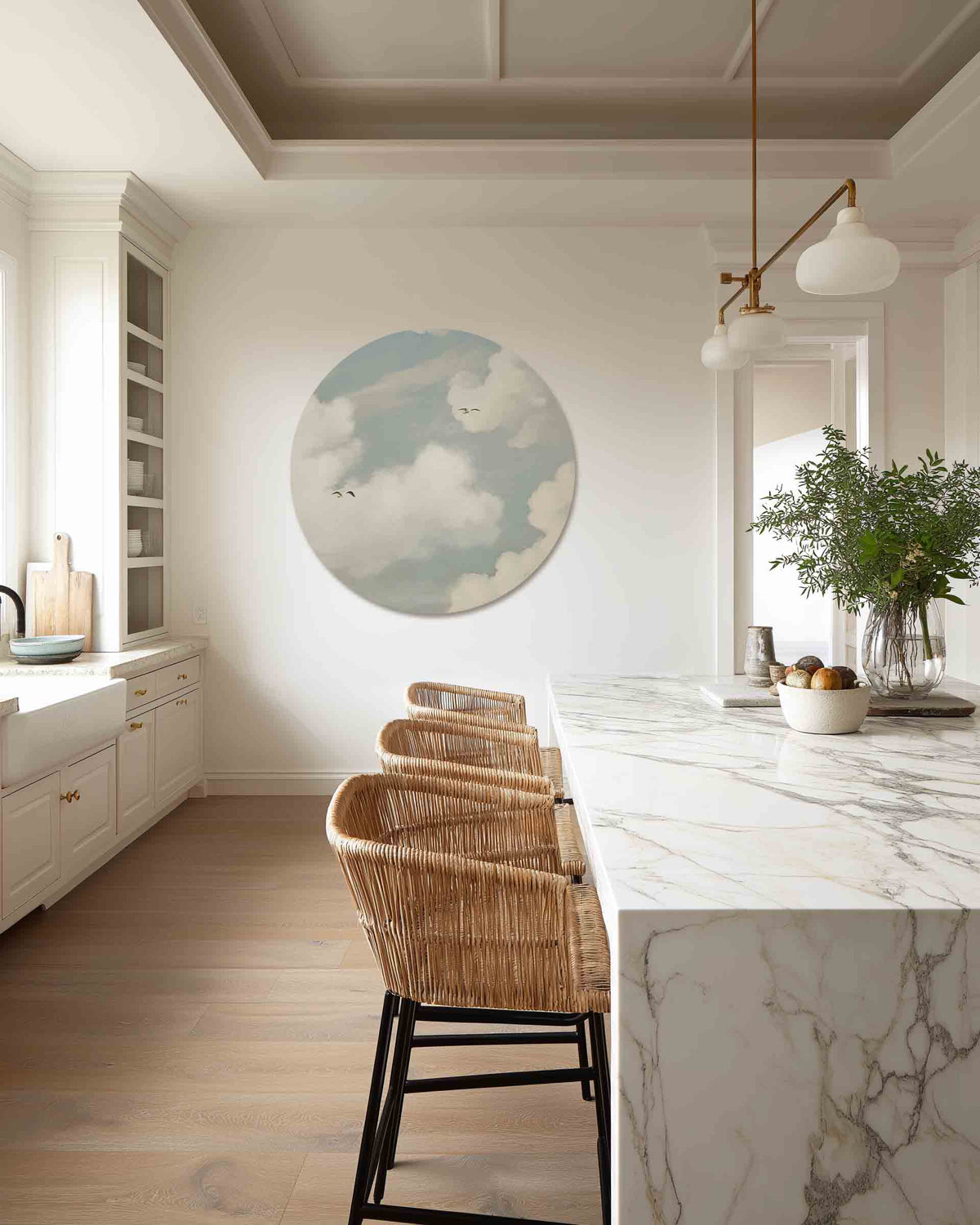 Wolken en vogels – abstracte muurcirkel als ronde wanddecoratie