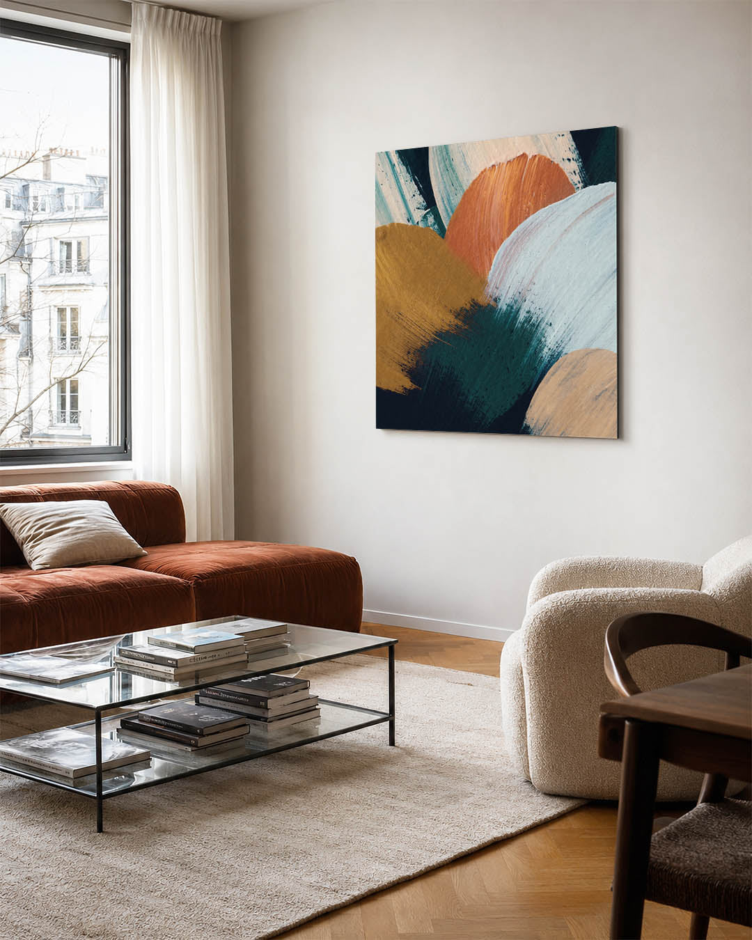 Kleurencompositie kunstwerk – vierkante wanddecoratie – dit werk toont een levendige mix van vloeiende penseelstreken in