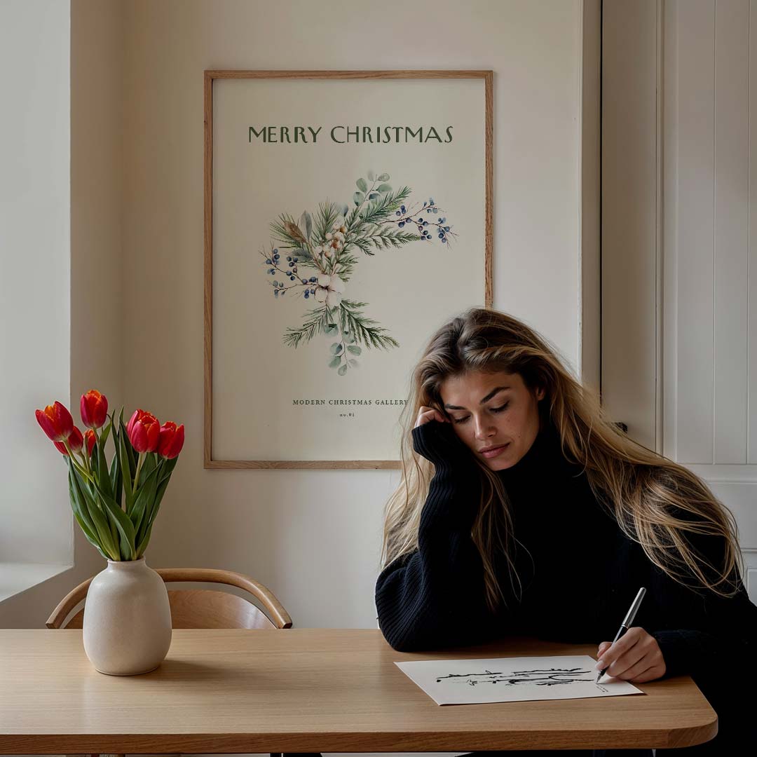 Merry Christmas Botanical Krans – feestelijke wandkunst als portret poster