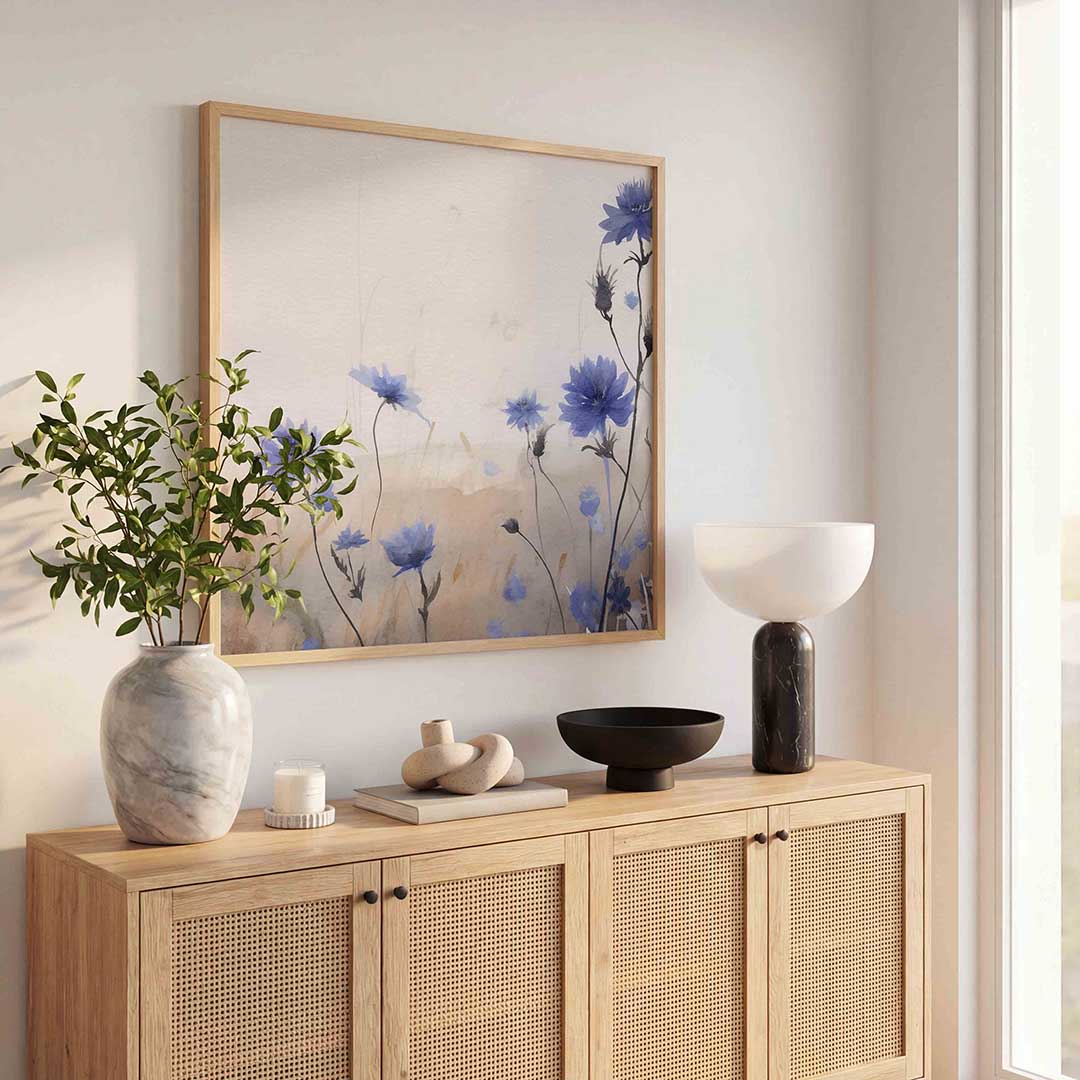 Blauwe bloemen – bloemen wandkunst als vierkante poster