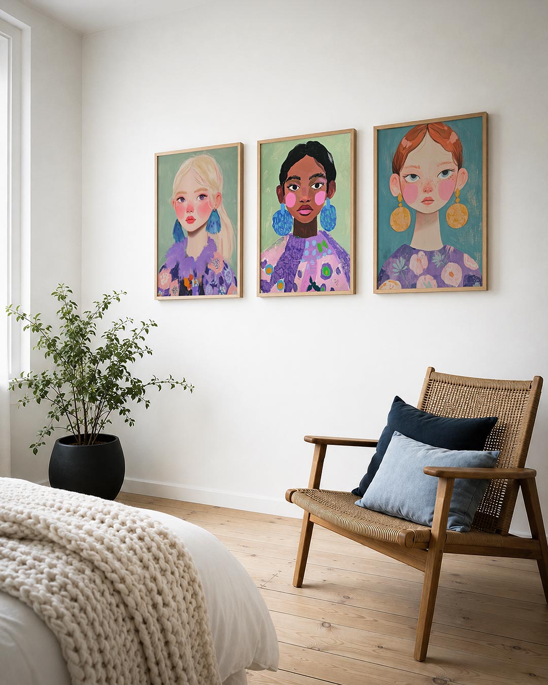 Portret met kleurvlakken posterset – detailweergave – een levendig portret met zachte pasteltinten