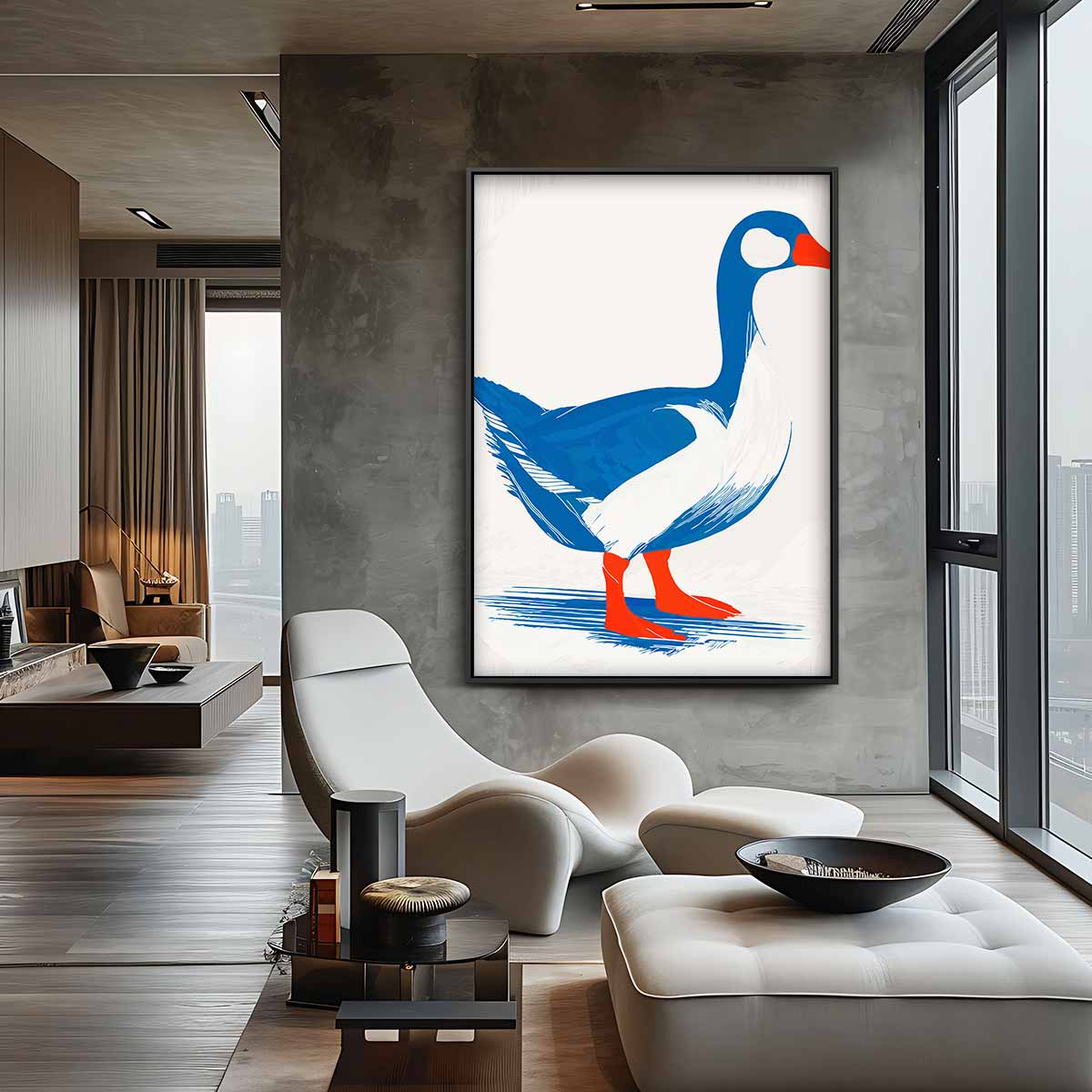 Stijlvolle Eend in Blauw en Rood – canvas wanddecoratie in portret formaat