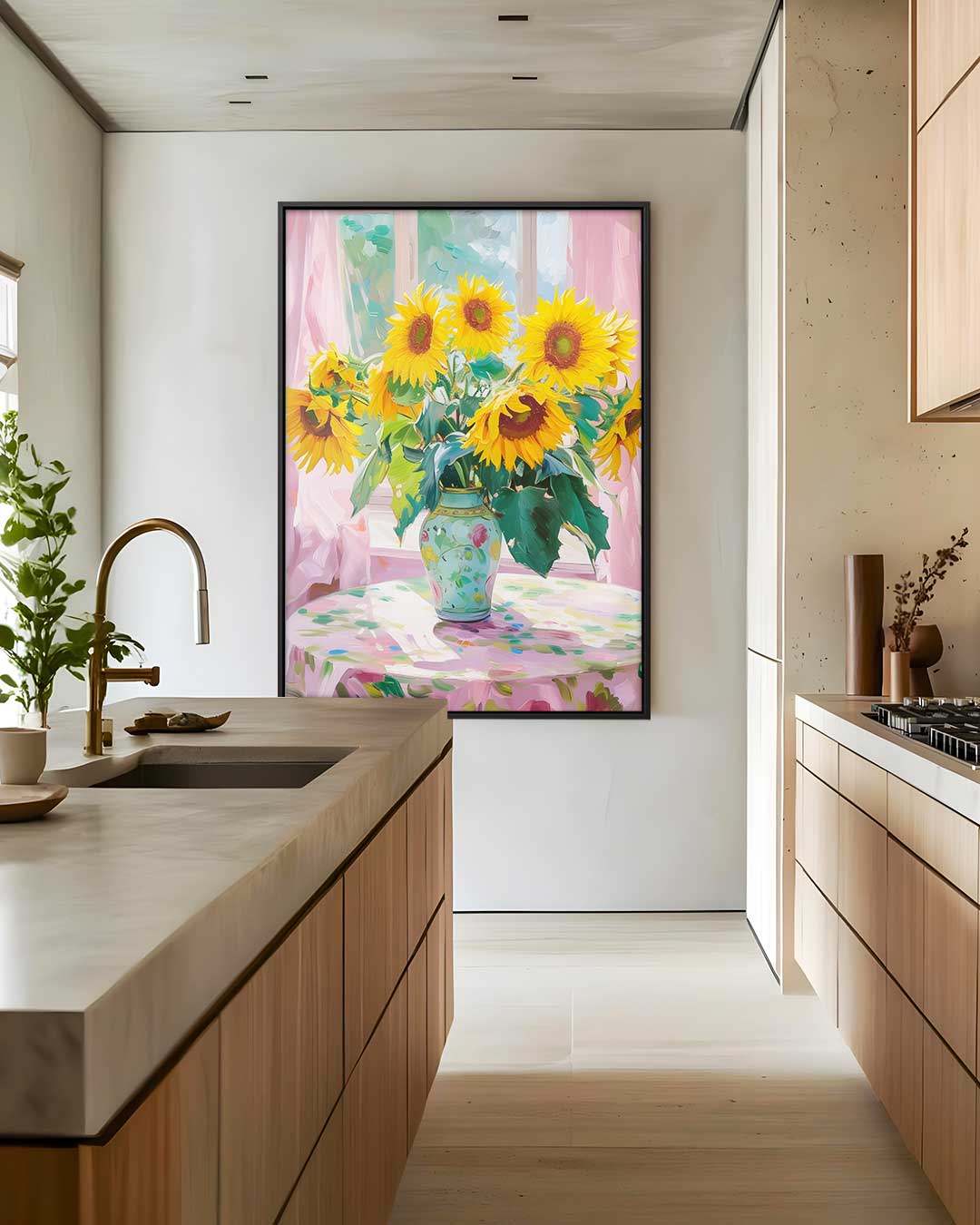 Zonnige Zonnebloemen in Vensterlicht – modern portret kunstwerk van WallArtistic