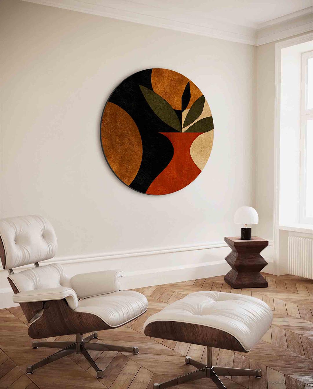 Vaas en cirkels – moderne ronde wanddecoratie met vrouwelijk portret