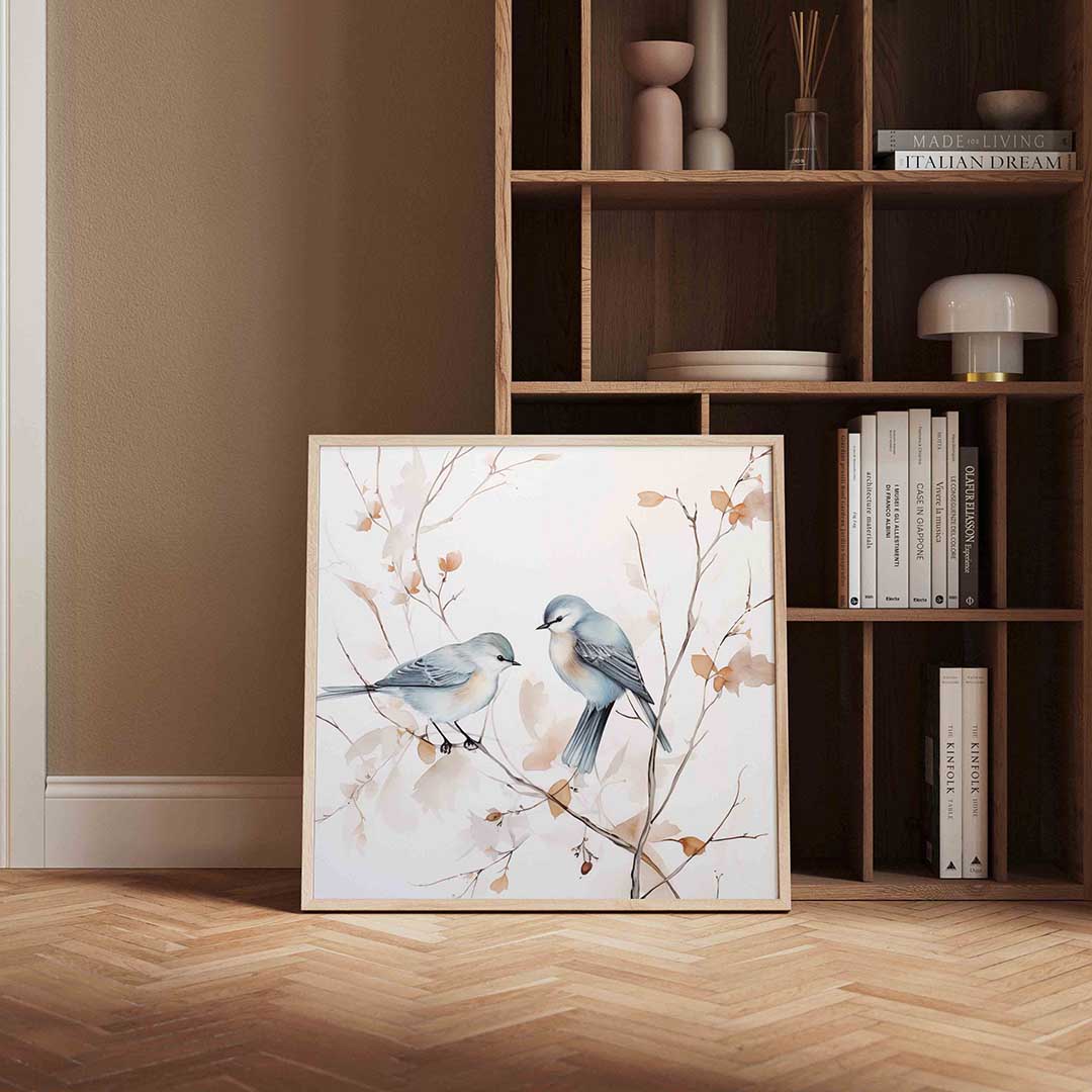 Vogels op tak – vierkante wanddecoratie met kleur en vorm van WallArtistic
