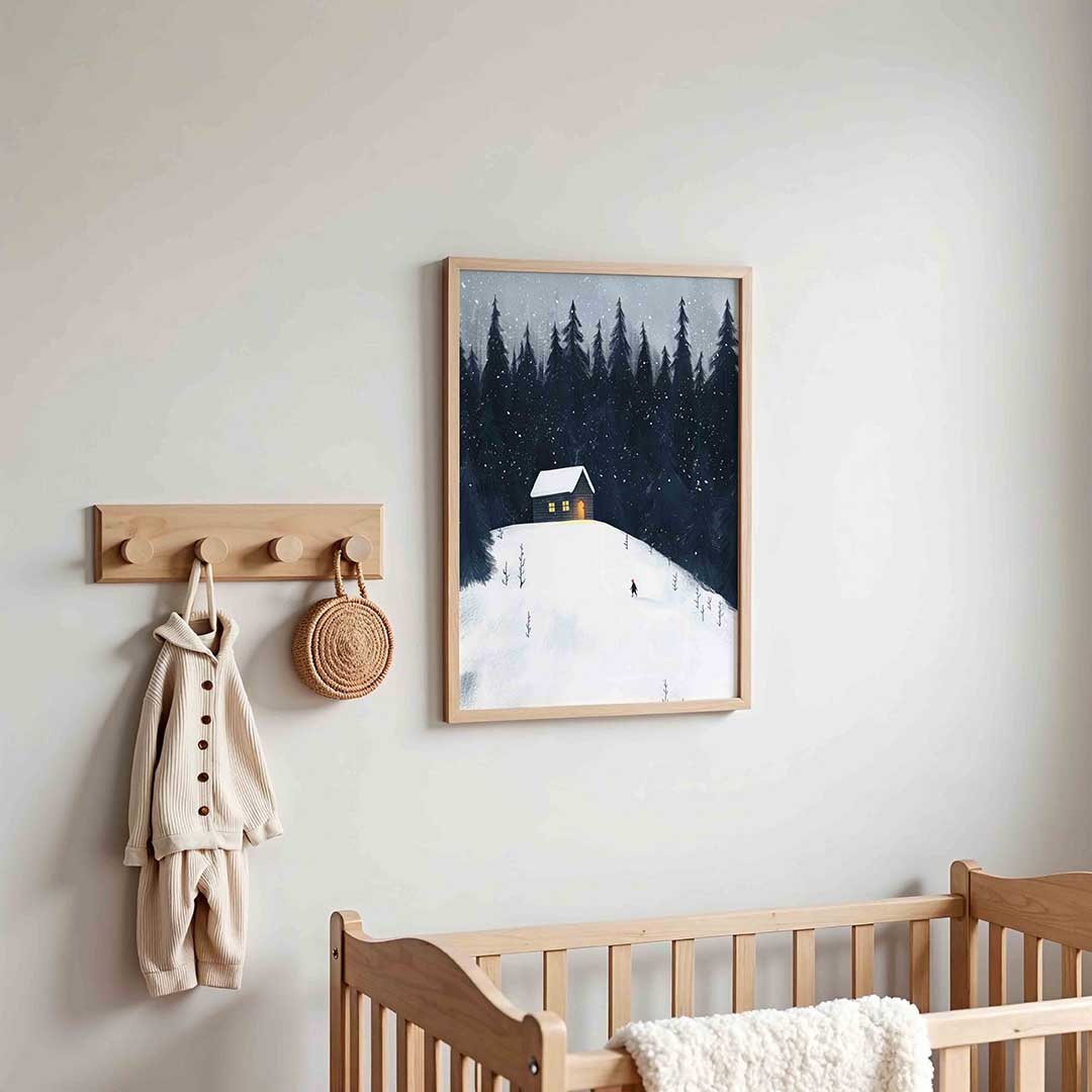 Besneeuwd bos met huis – kinderposter in staand formaat