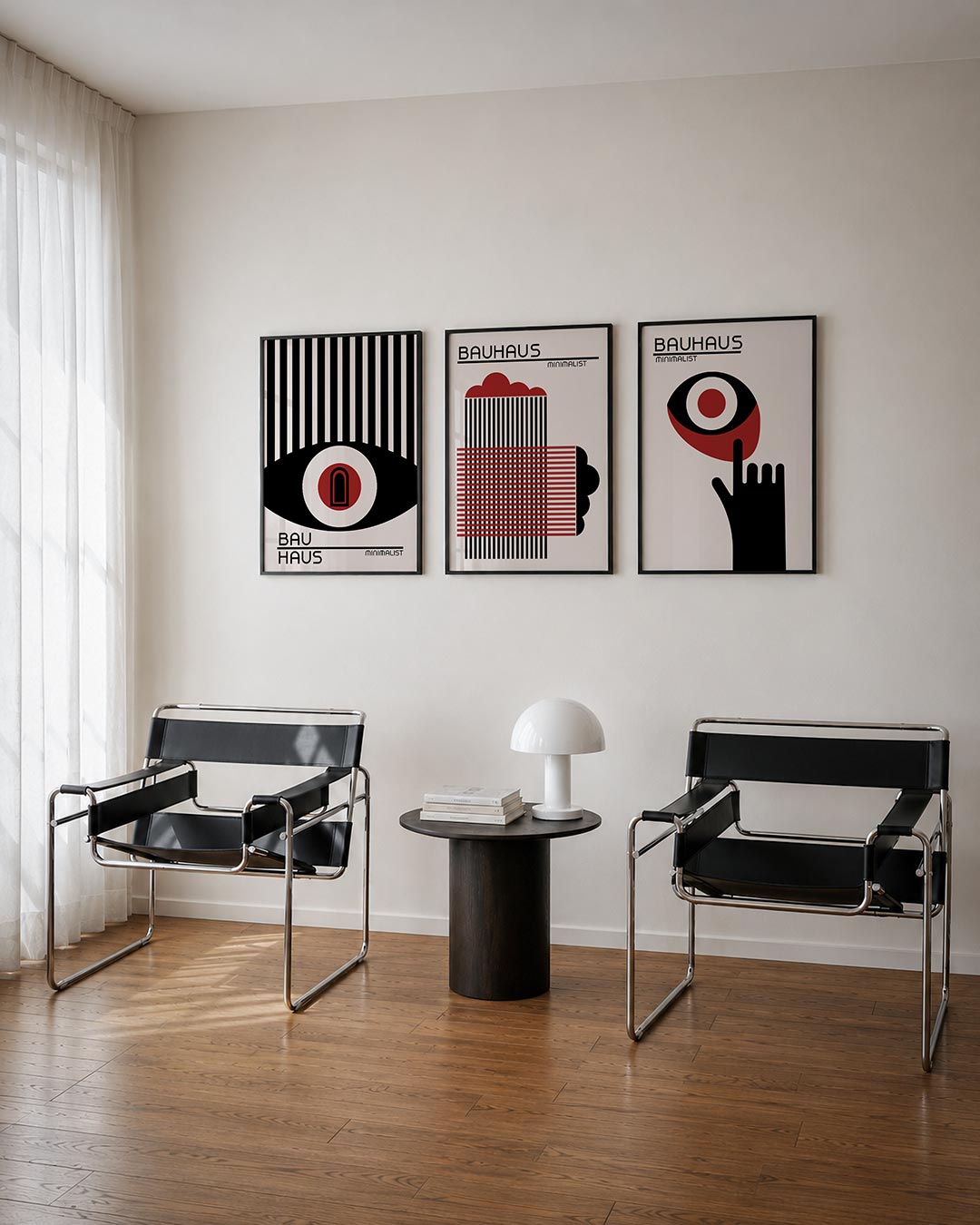 Lijnen en cirkel driedelige posterset – deze posterset in drie delen toont een krachtig lijnenspel met verticale zwarte
