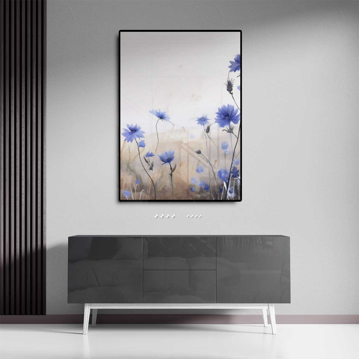 Blauwe Bloemen in Zachte Aquarel – staand kunstwerk voor modern interieur