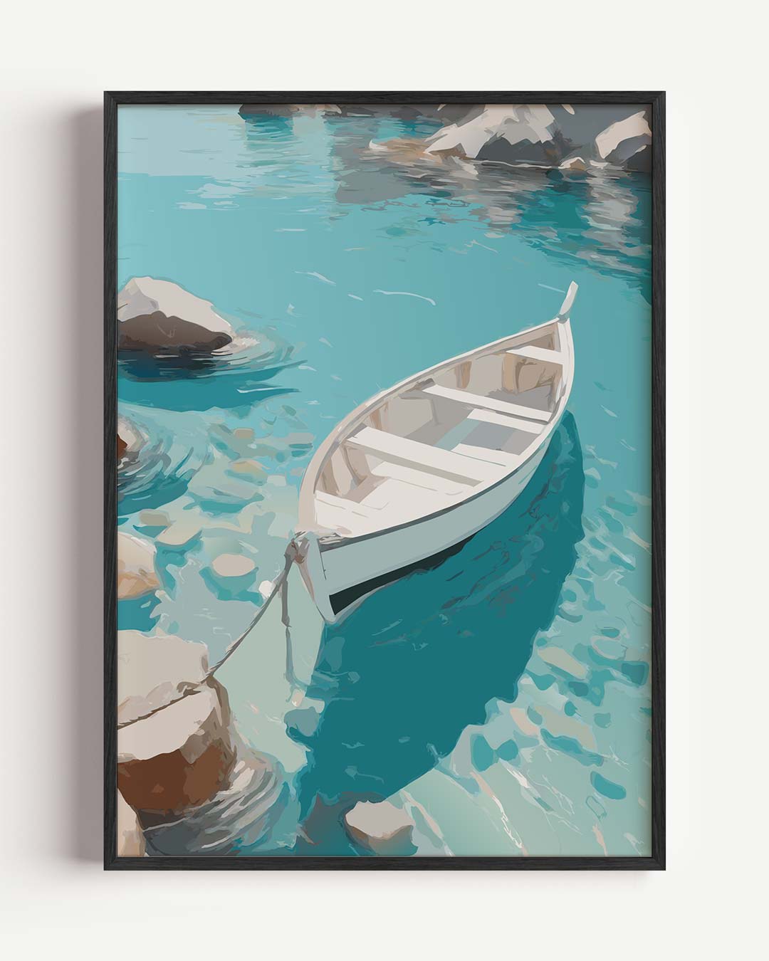 Rustgevende Boot op Helder Blauw Water – zomer portret poster als wanddecoratie
