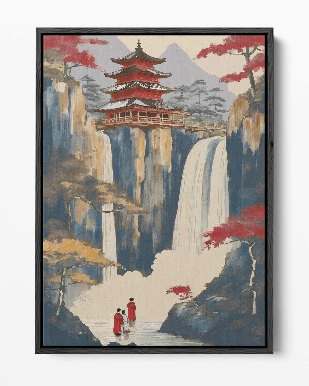 Mystieke Watervallen en Tempel – portret kunstwerk als wanddecoratie