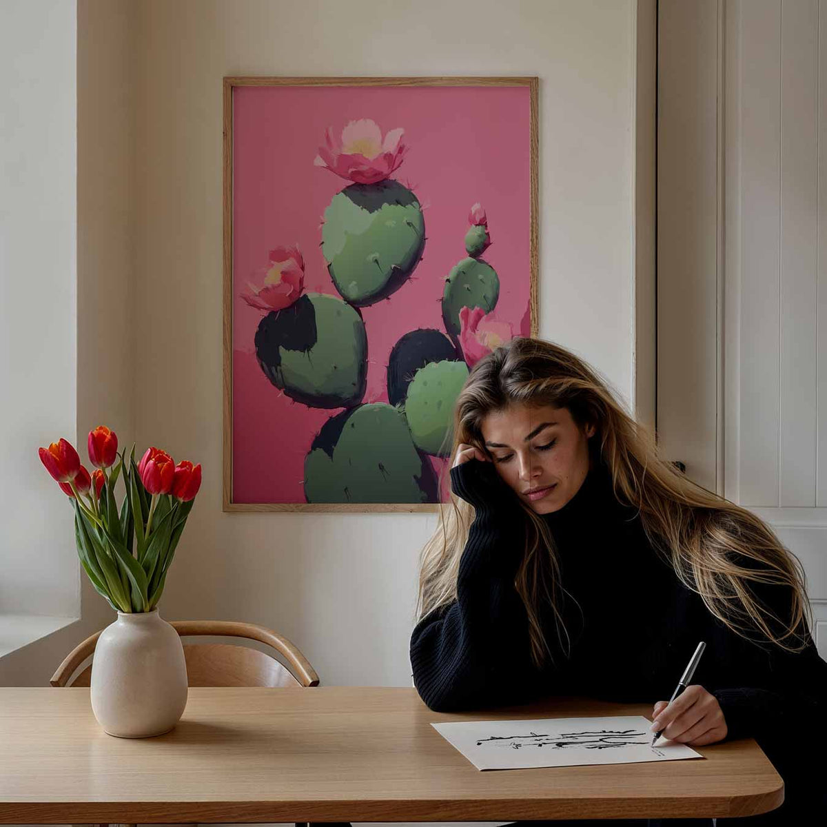 Bloeiende Cactus op Roze Achtergrond – paasposter in staand formaat