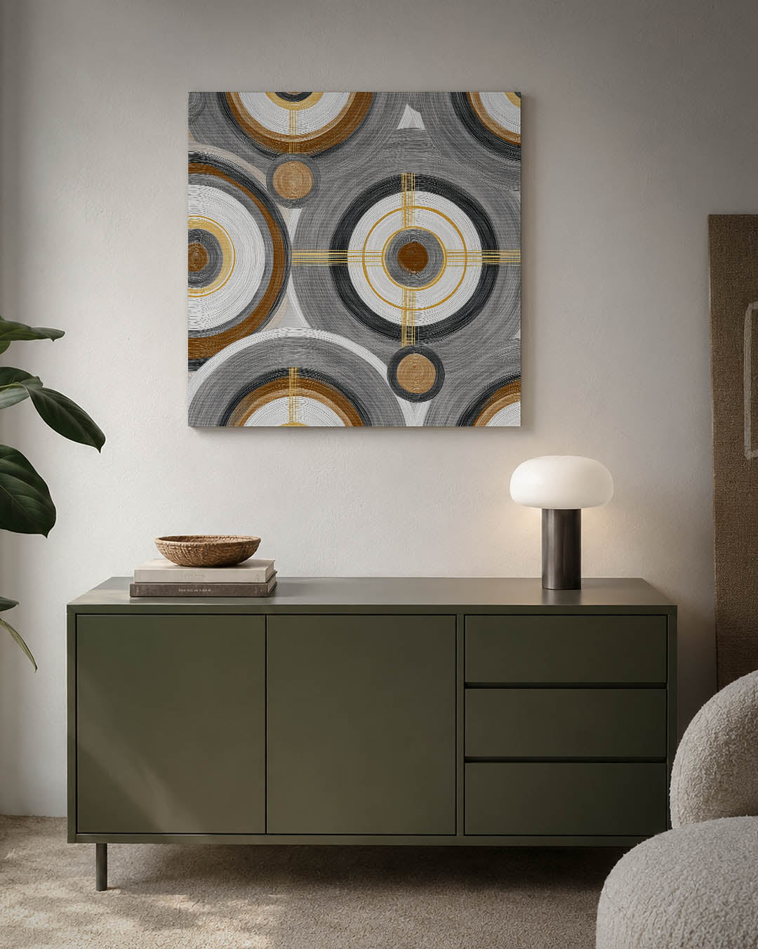 Cirkelpatroon met lijnen kunstwerk – detailweergave – dit werk toont een dynamisch patroon van cirkels en lijnen in grijs