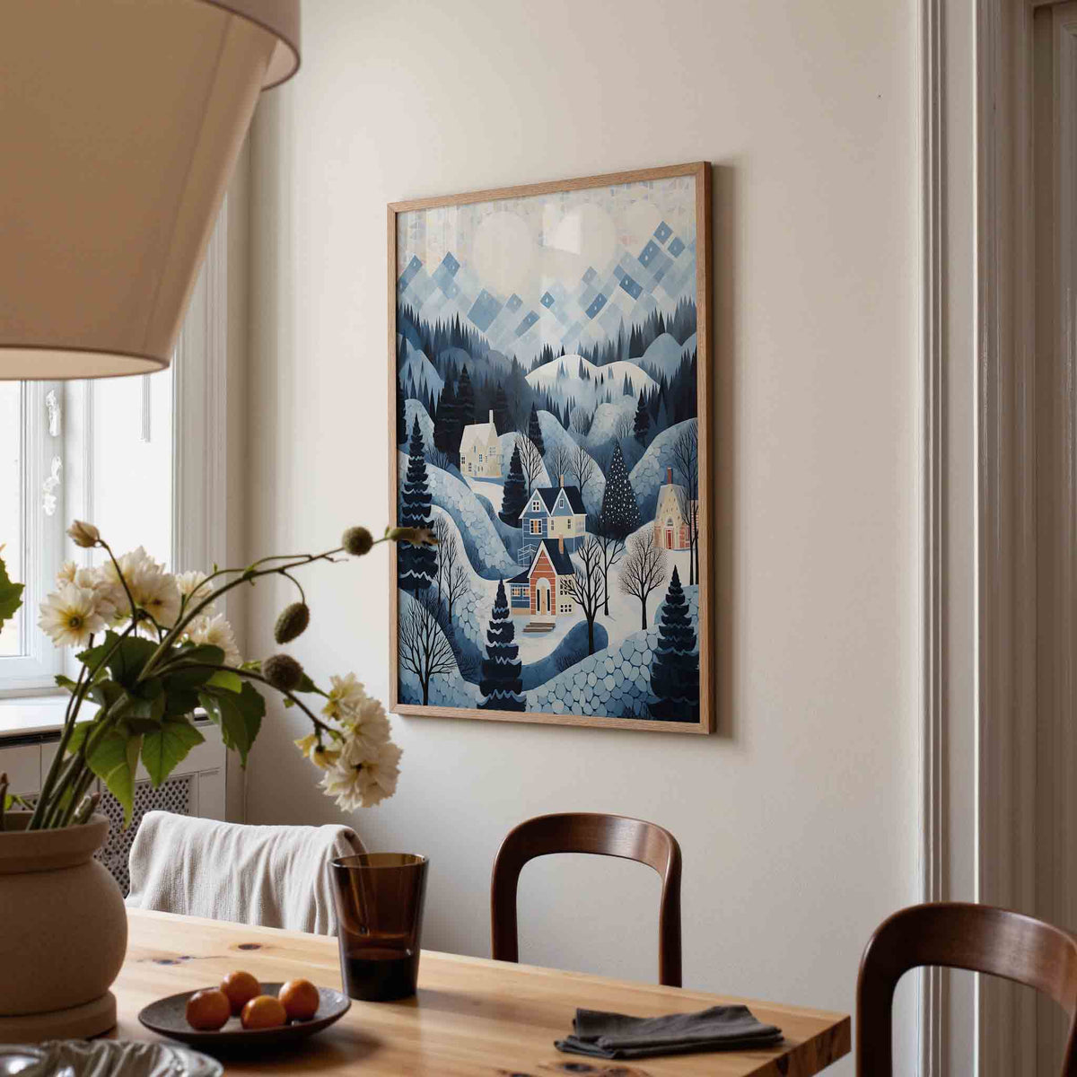 Winterlandschap met huizen – kerstposter in staand formaat