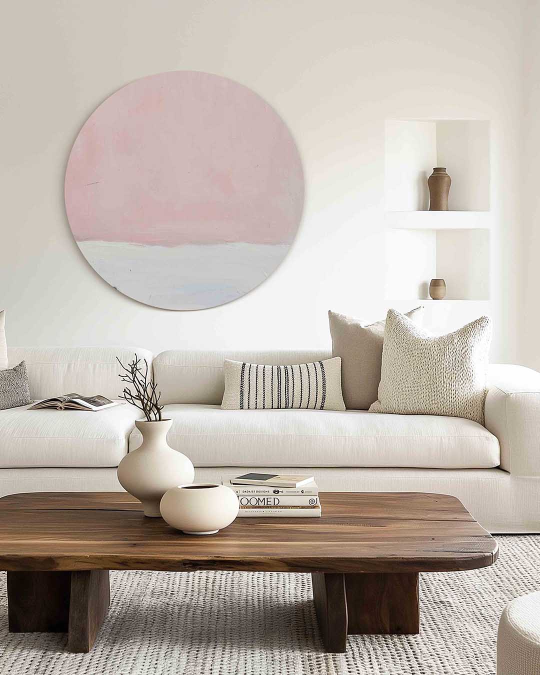 Roze en witte – muurcirkel met kleur en vormen voor aan de muur