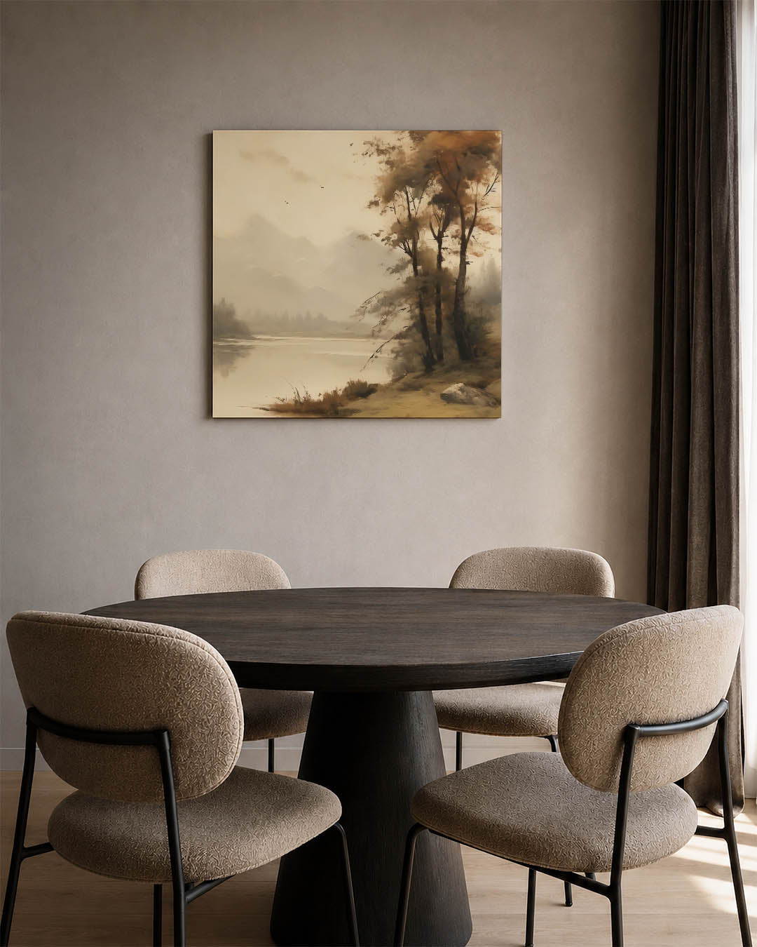 Rustig landschap kunstwerk – vierkante wanddecoratie – dit kunstwerk toont een sereen landschap met zachte lijnen en subtiele