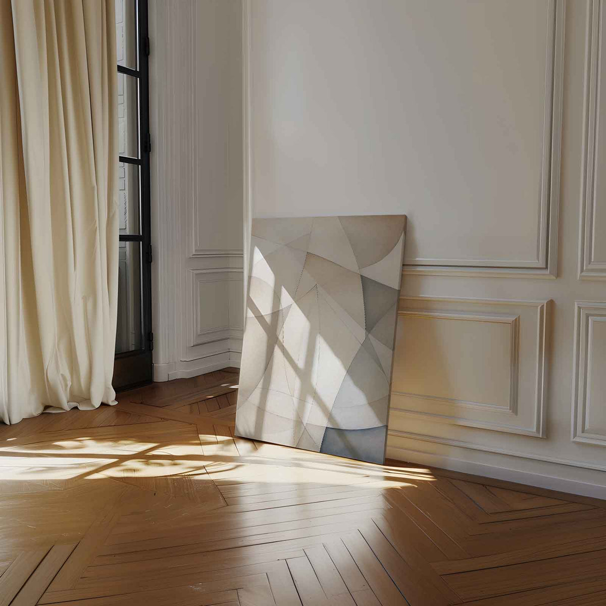 Subtiele Abstractie in Neutrale Tinten – staand kunstwerk voor modern interieur