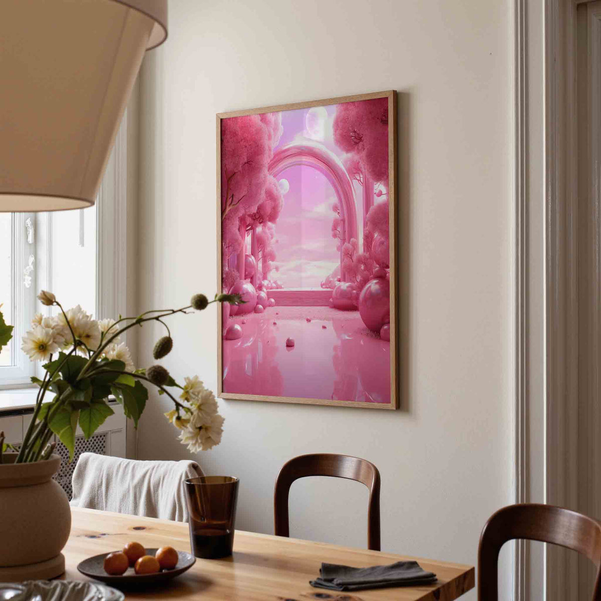 Roze landschap met bogen – kunst en design poster in portret formaat