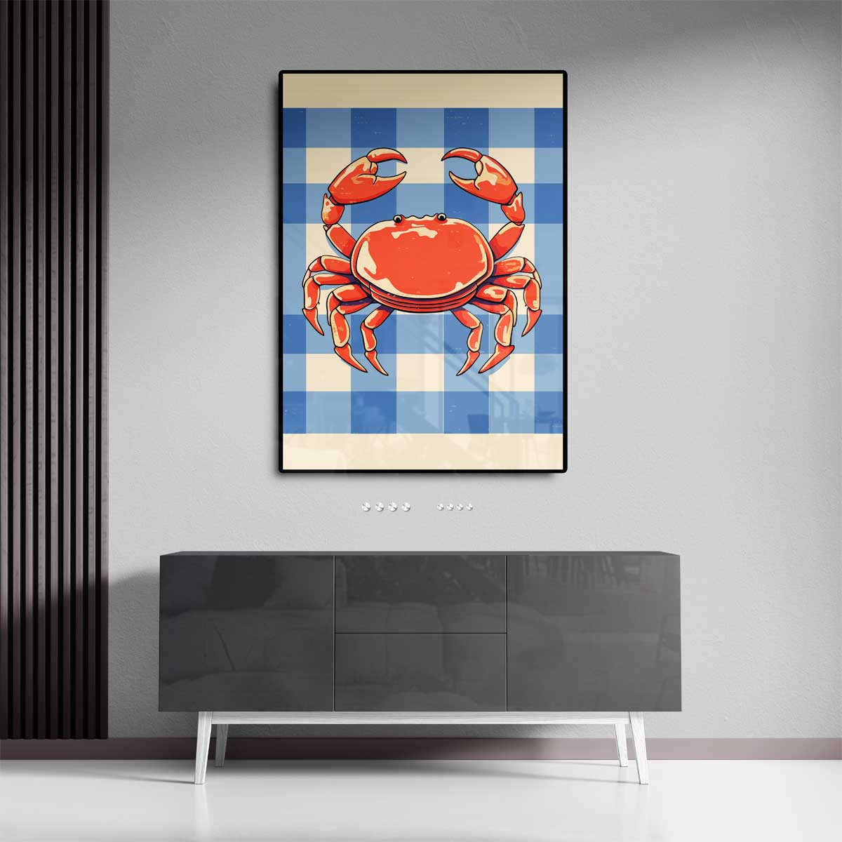 Vrolijke Krab op Blauw-Wit Patroon – dibond wanddecoratie in staand formaat